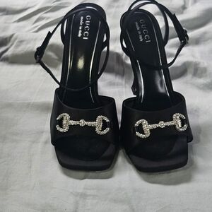 Gucci Black Heeled Sandals with Silver Accents